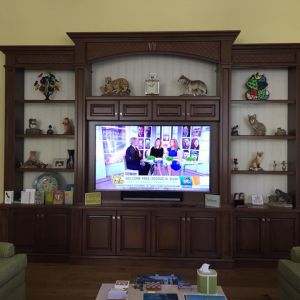 A traditional dark wood entertainment centre with an arched top, housing a television and flanked by shelves of ornaments and framed photographs.